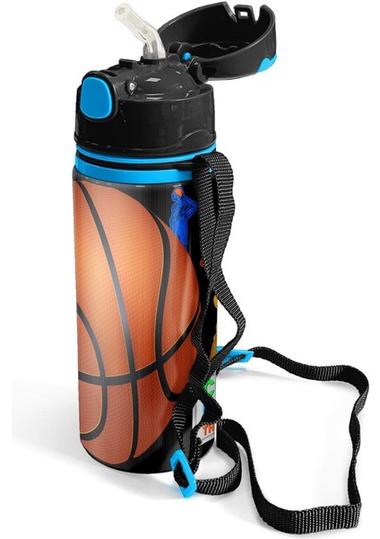 Pipetli Alüminyum Matara 600 ml Siyah Basketbol Desenli