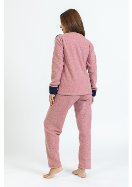 Kadın Önü Yazılı Polar Pijama Takımı Lacivert-Pembe