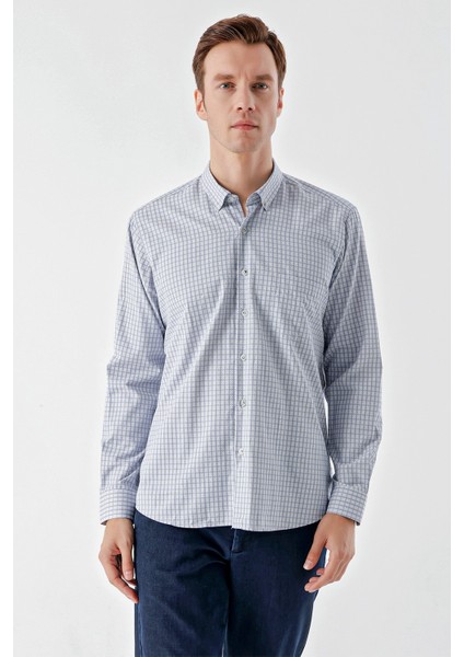 Erkek Koyu Lacivert Trend Ekoseli Cepli Düğmeli Yaka Regular Fit Gömlek fiyatları