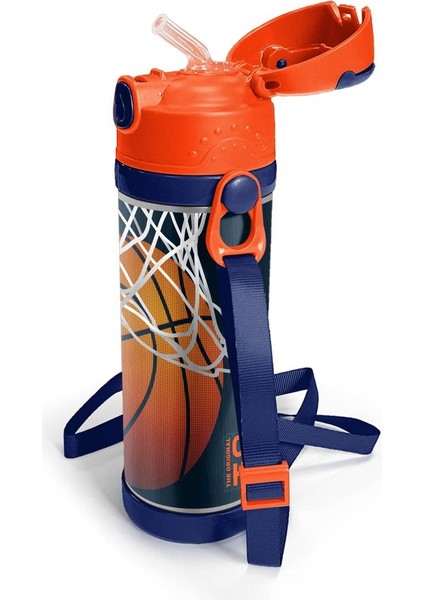 Pipetli Çelik Termos 500 ml Lacivert Turuncu Basketbol Desenli