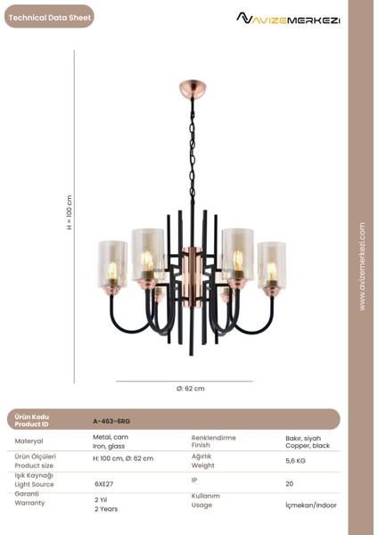 Altılı Rose Gold Avize A-463-6RG modelleri