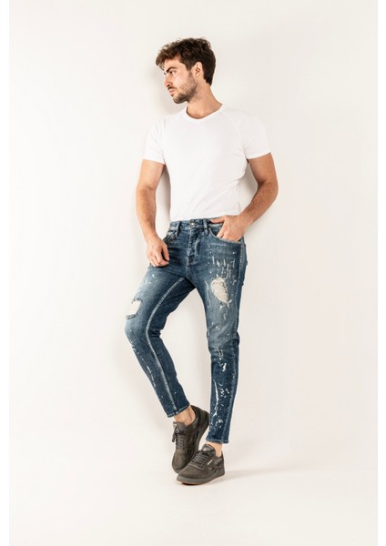 0020 Süper Slim Fit Mavi Yıkamalı Yırtıklı Boyalı Rahat Denim Erkek Jeans