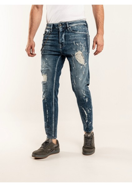 0020 Süper Slim Fit Mavi Yıkamalı Yırtıklı Boyalı Rahat Denim Erkek Jeans modelleri