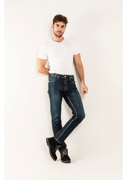 1099 Slim Fit Lacivert Yıkamalı Rahat Denim Erkek Jeans