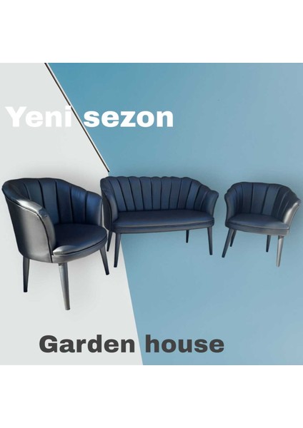 Garden House Papatya Siyah Deri Ahşap Ayaklı Ofis Koltuğu Bekleme Koltuğu Misafir Koltuğu Berjer