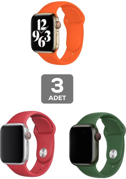 Apple Watch 9 Uyumlu 41MM Klasik Silikon Kordon 3'lü Set Yeşil, Kırmızı, Turuncu