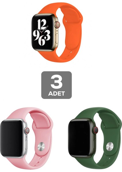 Apple Watch 3 4 5 6 7 8 9 Se Uyumlu 38-40-41MM Klasik Silikon Kordon 3'lü Set Yeşil, Pembe, Turuncu