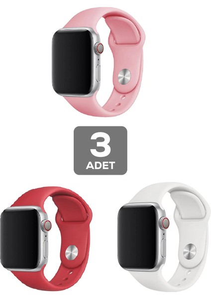 Apple Watch 5 Uyumlu 40MM Klasik Silikon Kordon 3'lü Set Beyaz, Kırmızı, Pembe