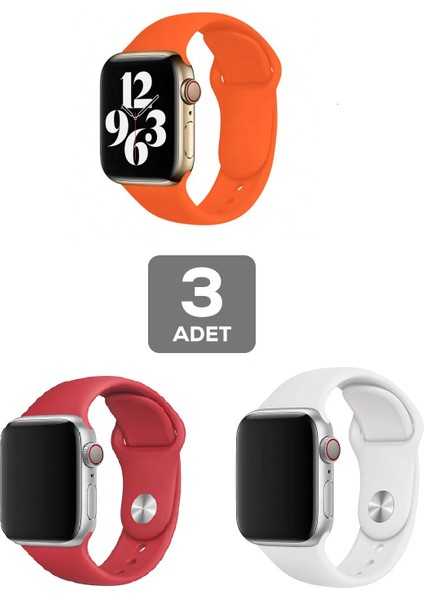 Apple Watch 3 4 5 6 7 8 9 Se Uyumlu 38-40-41MM Klasik Silikon Kordon 3'lü Set Beyaz, Kırmızı, Turuncu