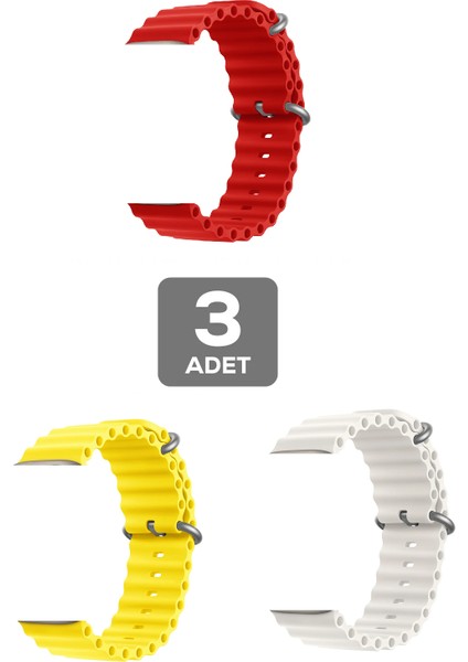 Apple Watch 7 Uyumlu 41MM Ocean Silikon Kordon 3'lü Set Kırmızı, Sarı, Beyaz
