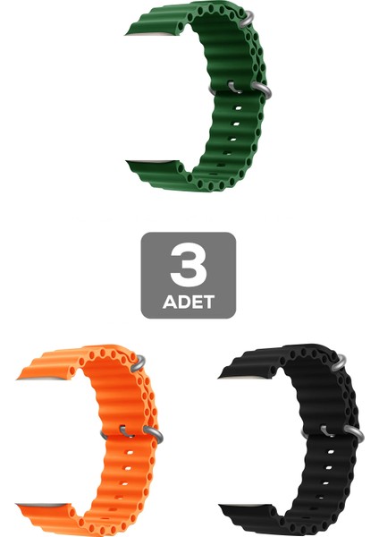 Apple Watch 9 Uyumlu 41MM Ocean Silikon Kordon 3'lü Set Turuncu, Siyah, Yeşil