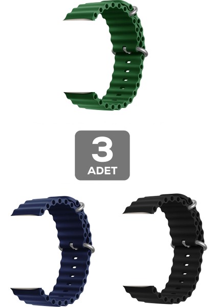 Apple Watch 3 Uyumlu 42MM Ocean Silikon Kordon 3'lü Set Lacivert, Siyah, Yeşil