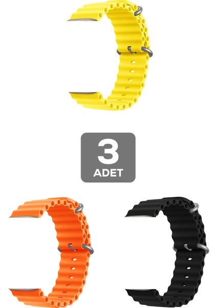 Apple Watch 8 Uyumlu 41MM Ocean Silikon Kordon 3'lü Set Turuncu, Siyah, Sarı