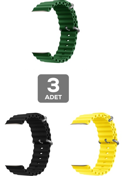 Apple Watch 3 4 5 6 7 8 9 Se Ultra 2 Uyumlu 42-44-45-49MM Ocean Silikon Kordon 3'lü Set Siyah, Yeşil, Sarı