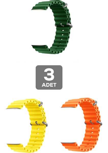 Apple Watch Ultra Uyumlu 49MM Ocean Silikon Kordon 3'lü Set Turuncu, Yeşil, Sarı
