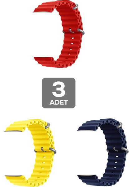 Apple Watch 4 Uyumlu 40MM Ocean Silikon Kordon 3'lü Set Kırmızı, Lacivert, Sarı