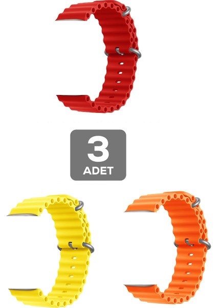 Apple Watch 8 Uyumlu 41MM Ocean Silikon Kordon 3'lü Set Kırmızı, Turuncu, Sarı