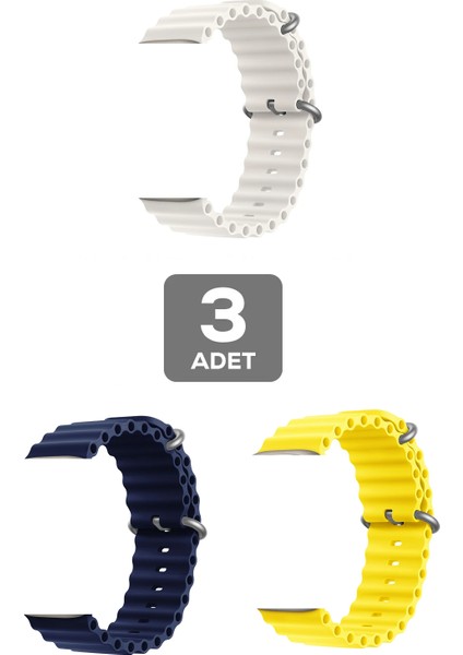 Apple Watch 3 Uyumlu 38MM Ocean Silikon Kordon 3'lü Set Lacivert, Sarı, Beyaz