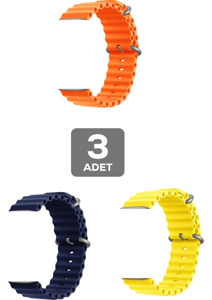 Apple Watch 3 4 5 6 7 8 9 Se Uyumlu 38-40-41MM Ocean Silikon Kordon 3'lü Set Lacivert, Turuncu, Sarı