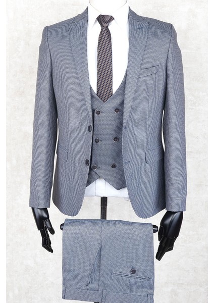Slim Fit Iki Düğme -Sivri Yaka-Çift Yırtmaç Gri Yelekli Drop 6 Takım Elbise