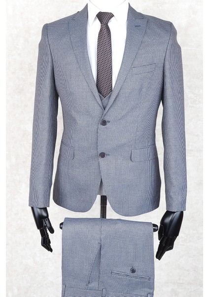 Slim Fit Iki Düğme -Sivri Yaka-Çift Yırtmaç Gri Yelekli Drop 6 Takım Elbise