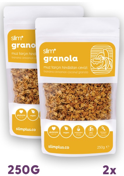 2 Paket Muz Tarçın Hindistan Cevizi Glutensiz İlave Şekersiz Vegan Granola 250gr