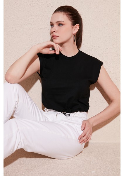 Bisiklet Yaka Pamuk Crop T Shirt Kadın T Shirt 5865587