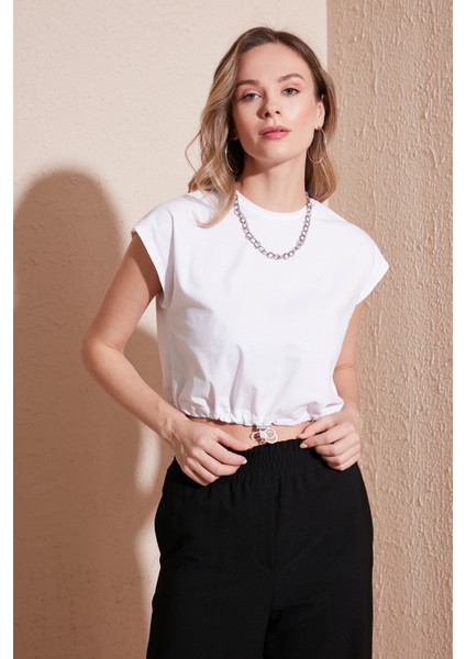Bisiklet Yaka Pamuk Crop T Shirt Kadın T Shirt 5865587