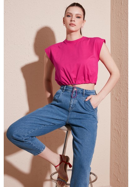 Bisiklet Yaka Pamuk Crop T Shirt Kadın T Shirt 5865587