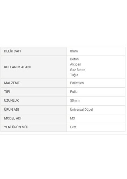 (50 Adet) Mx R Pullu Universal Dübel Sarı 8X50MM fiyatları