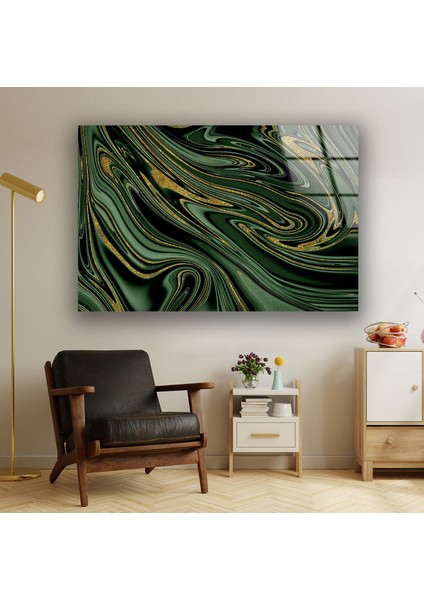 Altın Yeşil Soyut Temperli Cam Duvar Tablosu