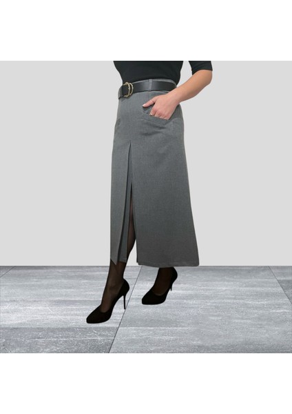 Gri Uzun Önü Yırtmaçlı Pilikaşeli Cepli Beli Kemerli Astarlı Etek modelleri