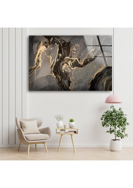 Siyah Mermer Desenli Cam Duvar Tablosu