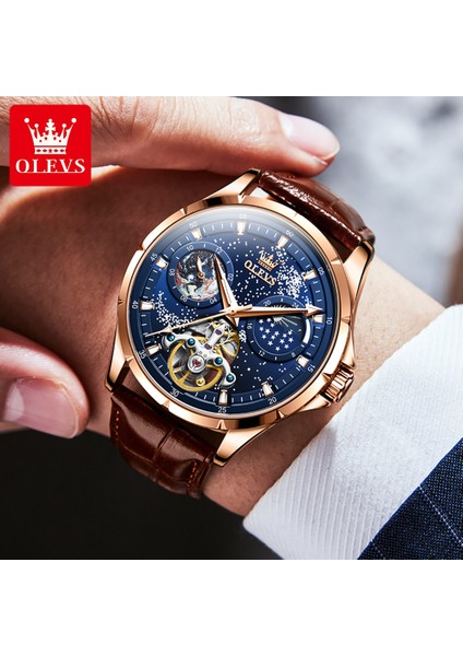 Boxd Olevs Erkek Saatler Tourbillon Tarzı Orijinal Otomatik Mekanik Saat Adam Su Geçirmez Aydınlık Ay Fazı Moda Elbise (Yurt Dışından) fiyatları