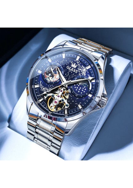 Boxd Olevs Erkek Saatler Tourbillon Tarzı Orijinal Otomatik Mekanik Saat Adam Su Geçirmez Aydınlık Ay Fazı Moda Elbise (Yurt Dışından) fırsatları