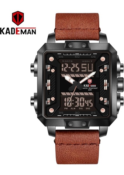 LDM250104 Kademan K6153 Erkekler Için Pahalı Çift Ekran Saatler Moda Deri Fonksiyonel Şık LED Dijital Analog Saatler (Yurt Dışından)