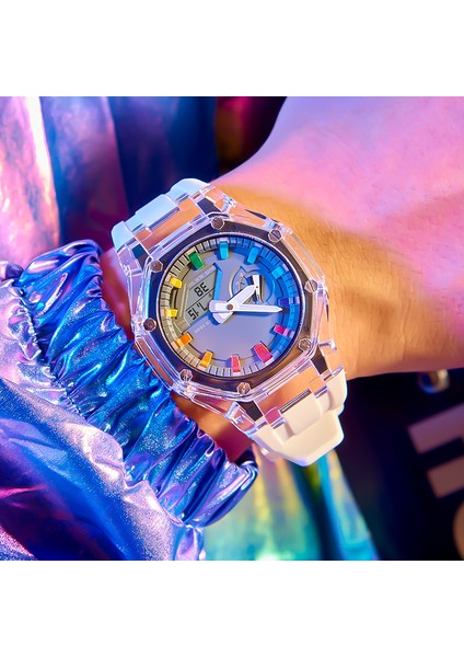 Siyah Dijital Saatler GA2100 Açık Hava Spor Saat Erkek Basit Renkli LED Çift Zamanlı Ekran Dijital Saat Düz Renk Kauçuk Kayış Izle (Yurt Dışından)
