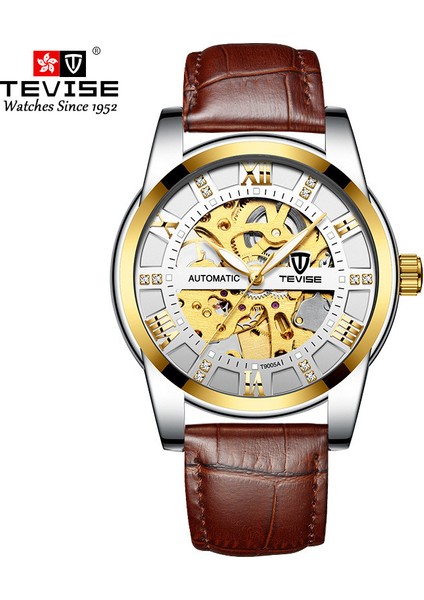 Kahverengi Deri Otomatik Üst Marka Tevise Erkek Kendini Rüzgar Kol Saati Adam Mekanik Saatler Otomatik Izle Moda Erkek Saat Relogio Masculino T9005A (Yurt Dışından)