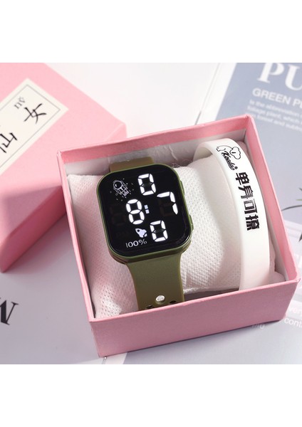 Matcha Yeşil 000 Fabrika Kaynağı Kore Kare Su Geçirmez Düğme Dijital Spor Moda Çocuk LED Elektronik Saat (Yurt Dışından)