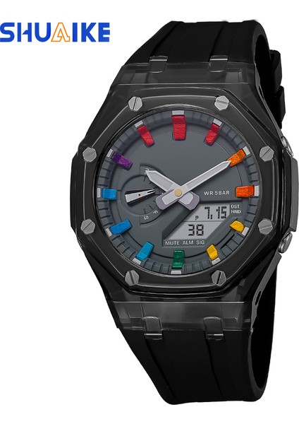 Siyah Dijital Saatler GA2100 Açık Hava Spor Saat Erkek Basit Renkli LED Çift Zamanlı Ekran Dijital Saat Düz Renk Kauçuk Kayış Izle (Yurt Dışından)