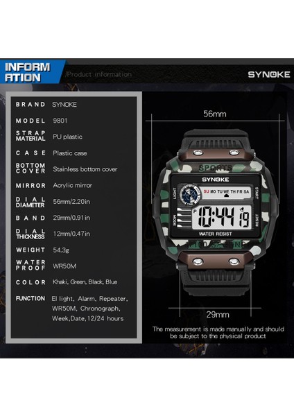 Stil 4 Dijital Saat Synoke 9801 Büyük Ekran 56MM Kare LCD Saat Erkekler Için Alarm Kronograf Elektronik Darbeye Dayanıklı Su Geçirmez Çocuk Dijital Saatleri (Yurt Dışından)