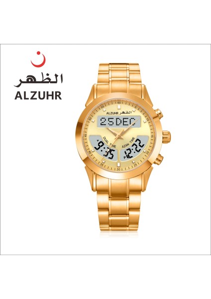 Altın Lüks Al Fajr Süper Deluxe Erkek Saat Ekranı Ikili Zaman Analog-Dijital Ezan Hatırlatma Islami Sabah Saati Alzuhr 602 (Yurt Dışından)