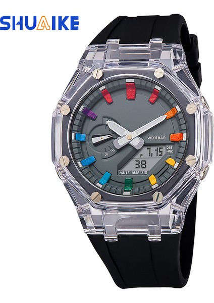 Black1 Dijital Saatler GA2100 Açık Hava Spor Saat Erkek Basit Renkli LED Çift Zamanlı Ekran Dijital Saat Düz Renk Kauçuk Kayış Izle (Yurt Dışından)