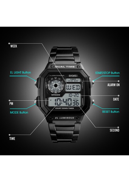 Altın Skmei 1335 Erkekler LED Dijital Saat Spor Saatleri Erkek Relogio Masculino Relojes Paslanmaz Çelik Su Geçirmez Kol Saatleri (Yurt Dışından)