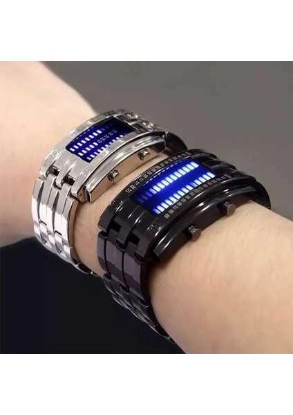 Gümüş Büyük Moda Geleceğin Teknolojisi Ikili Siyah Paslanmaz Çelik Çift Ikili LED Dijital Saat (Yurt Dışından) modelleri
