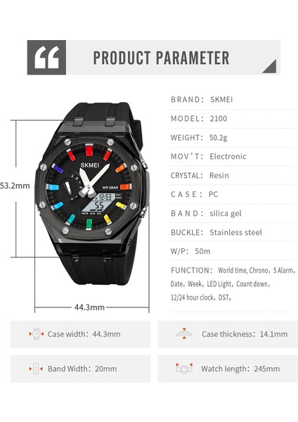 Stil 8 Skmei 2100 Su Geçirmez Erkek Izle Geri Sayım Kronometre LED Işık Elektronik Hareket Kol Saati 5 Çalar Saat 2 Zaman Dijital Saat (Yurt Dışından)