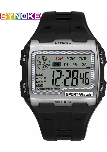Gümüş Synoke Erkek Kare Dijital Saat Aydınlık Çok Fonksiyonlu Büyük Kadran Spor Su Geçirmez Adam Izle LED Ekran Dijital Kol Saati (Yurt Dışından)