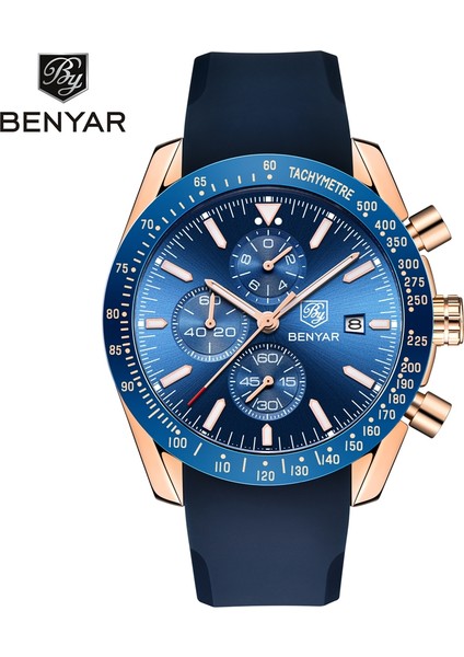 BY431901 Benyar 5140 Erkekler Kuvars Bilek Saatleri Silikon Bantlı Saat Mavi Kadran 3ATM Suya Dayanıklı Silikon Saat (Yurt Dışından)
