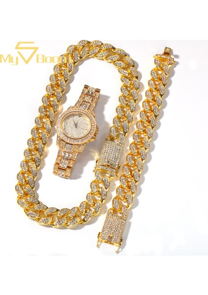 Bilezik + Kolye + Saat Kuvars Saatler Buzlu Out Izle Hip Hop Rapçi Miami Küba Zincir Altın Kolye Kaplamalı Rhinestones Bling Saatler Bilezik Seti Erkekler Kuvars Saatler (Yurt Dışından)