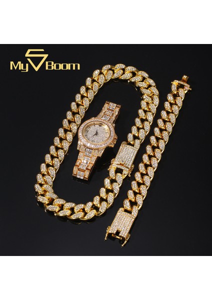 Altın Saat Kuvars Saatler Buzlu Out Izle Hip Hop Rapçi Miami Küba Zincir Altın Kolye Kaplamalı Rhinestones Bling Saatler Bilezik Seti Erkekler Kuvars Saatler (Yurt Dışından)